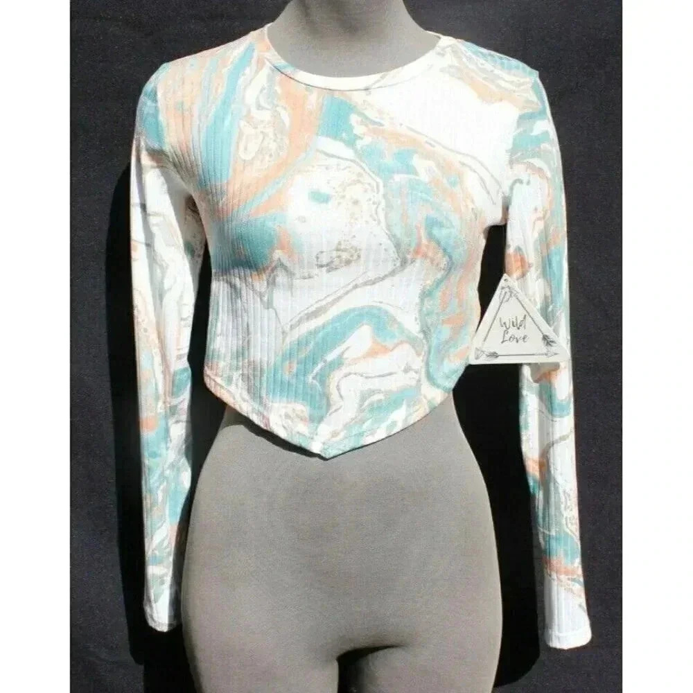 New Women's Long Sleeve Marble Design Crop Top V Bottom Emo Girl Indie Core